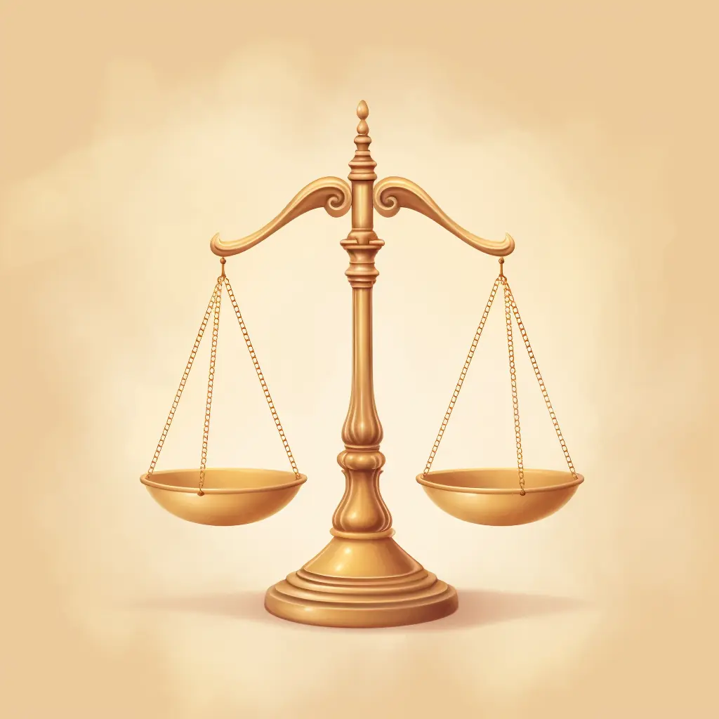 Ein Symbol für die Gerechtigkeit in zarten Farben Eine goldene Waage auf einem beigen Hintergrund